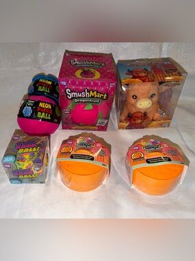 2 Scented Orange Dumplings, 1 Squishy DragonFruit & 1 Cow, 2 Fuzz & Band Balls